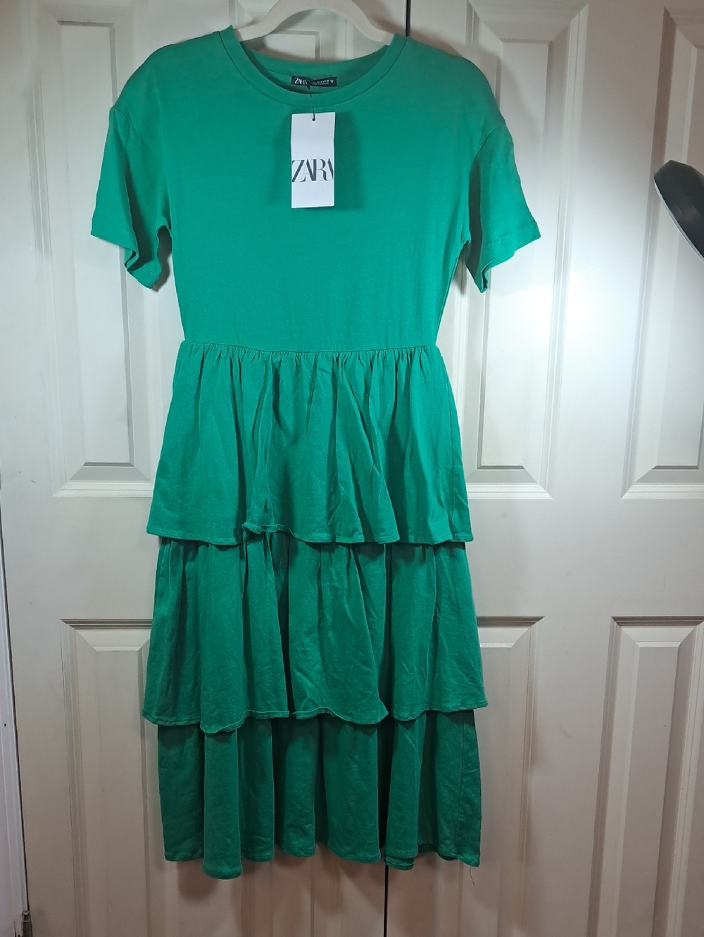 ZARA Womens Emerald Green Tiered Short-Sleeve Dress